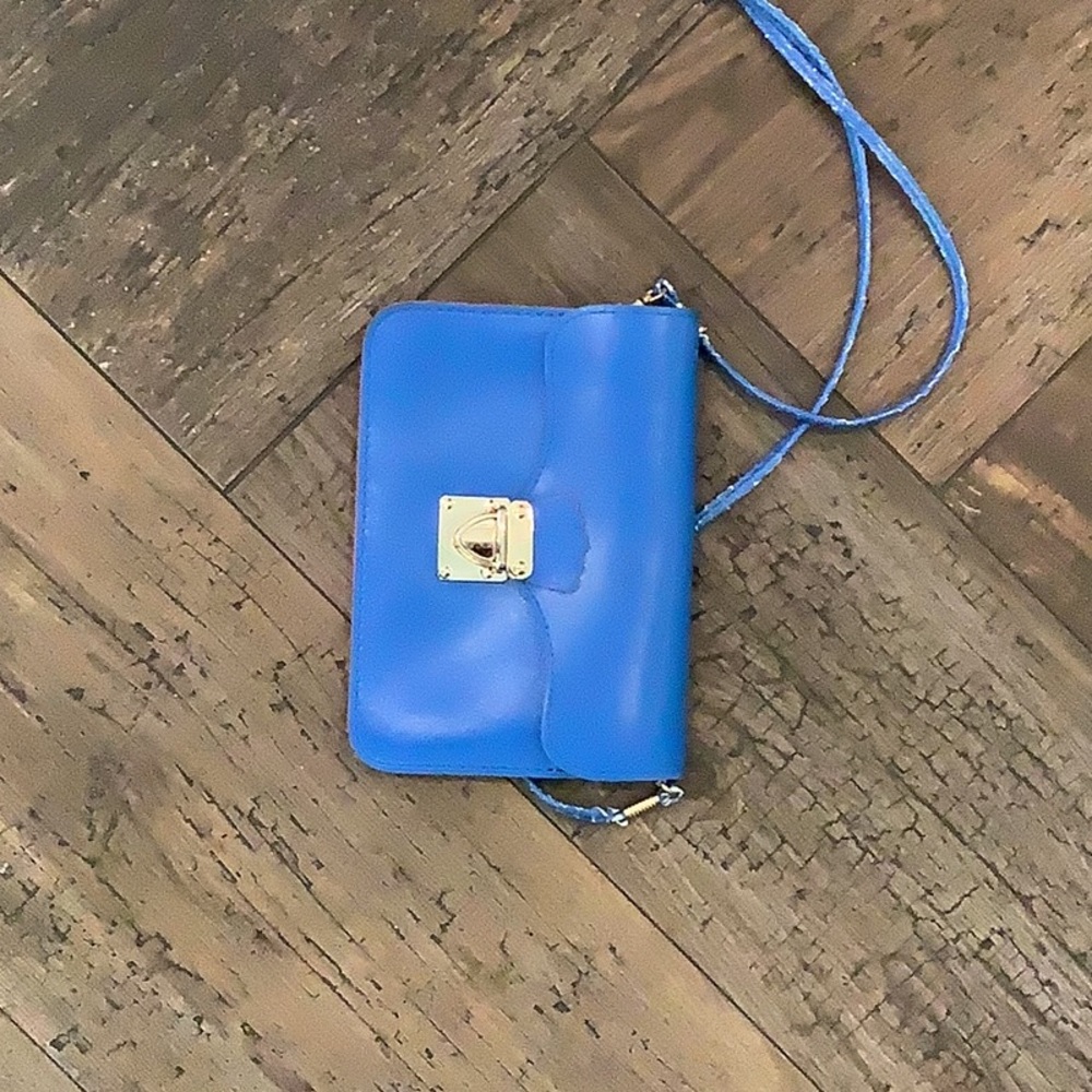 Blue mini purse with gold clasp and long strap